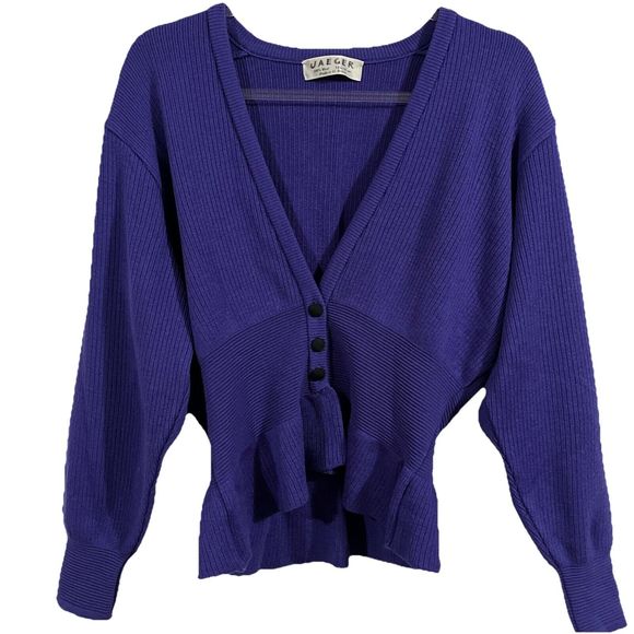 Vintage Jaeger Wool Peplum Covered Button Ribbed Purple Cardigan Size 38” 10 US - Picture 1 of 5